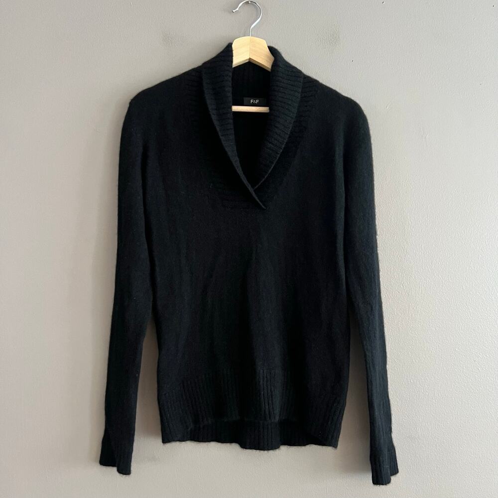 F&F Women’s 100% Cashmere Sweater Black Shawl Collar Pullover Classic Est. S/M